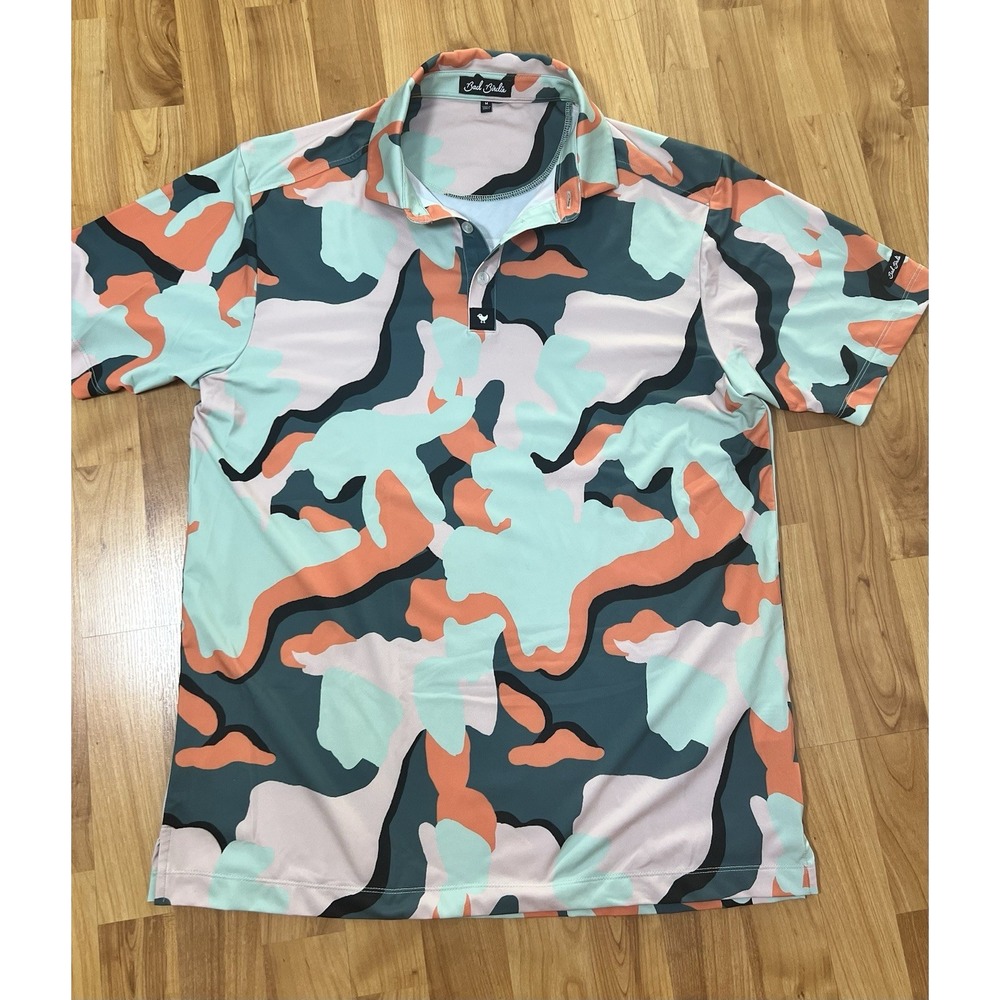 Bad Birdie Men's M Golf Polo Shirt Abstract Camo Mint Coral Short Sleeve